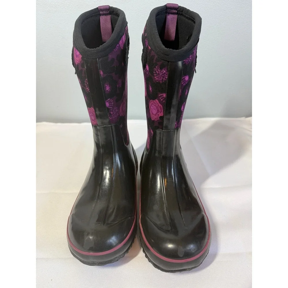 Bogs Girls Rubber Boots Size 4 Black Purple Classic Floral Watercolor Insulated